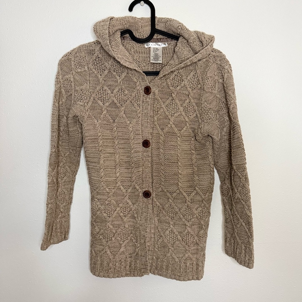 Max Studio Girls Hooded Cable Knit Cardigan Sweater Beige Sz 7